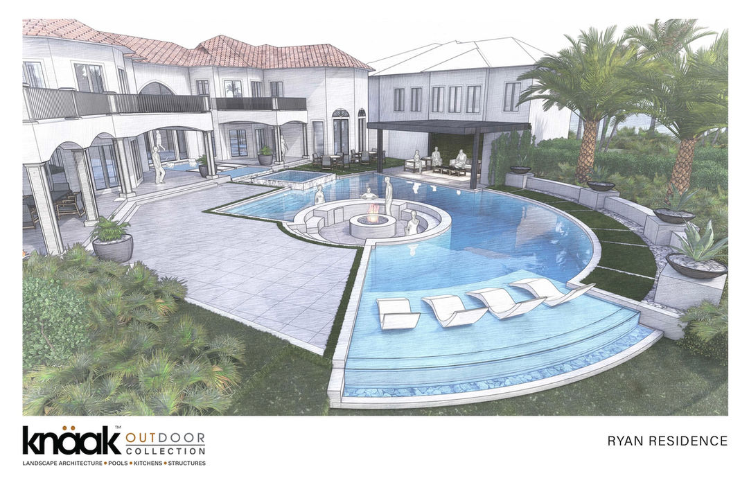 Landscape architecture plan showing custom pool, spa, and outdoor living design by Knaak Design Group