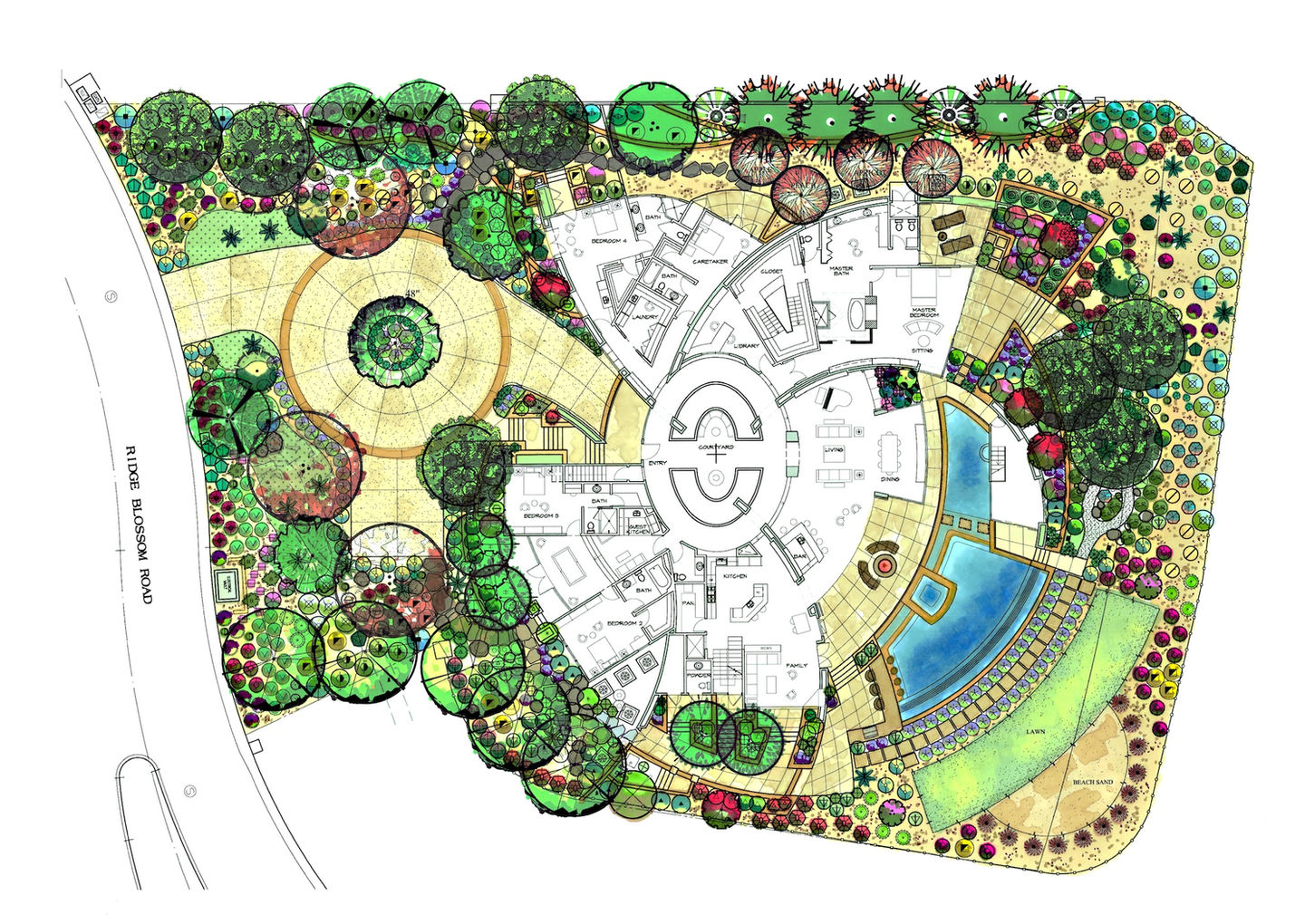 Landscape architecture plan showing custom pool, spa, and outdoor living design by Knaak Design Group