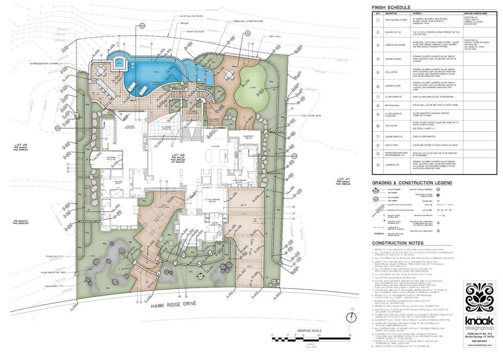 Landscape architecture plan showing custom pool, spa, and outdoor living design by Knaak Design Group