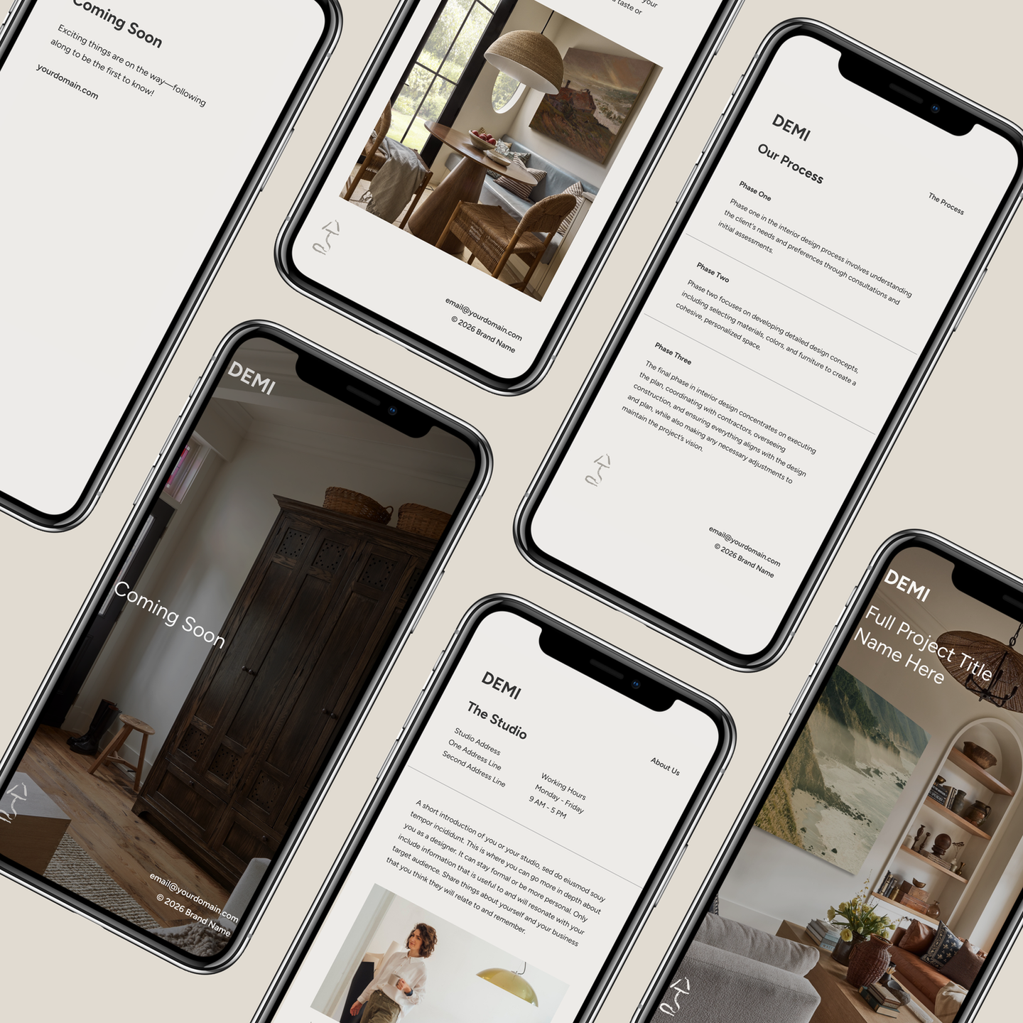 Several iPhone screens displaying social media templates for interior designers