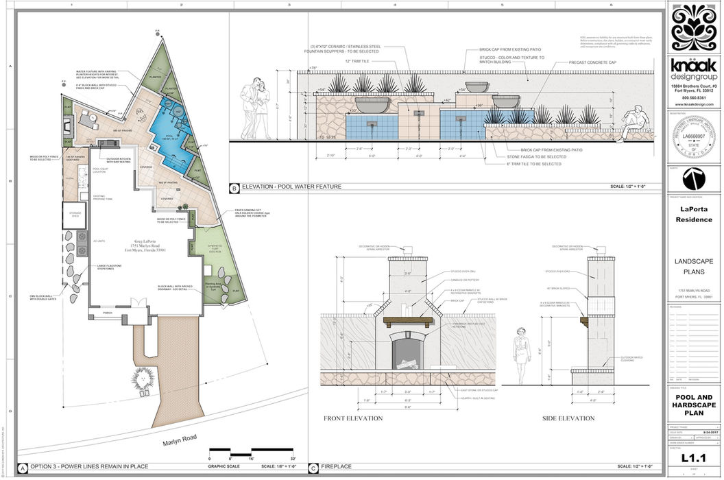 Landscape architecture plan showing custom pool, spa, and outdoor living design by Knaak Design Group