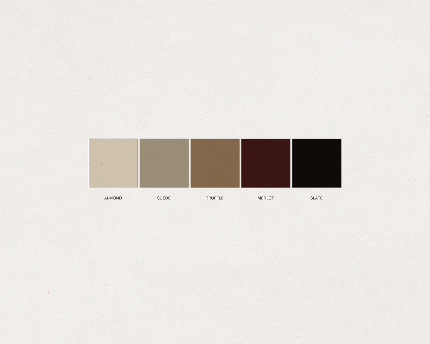 Color palette with Almond, Suede, Truffle, Merlot, and Slate hues.