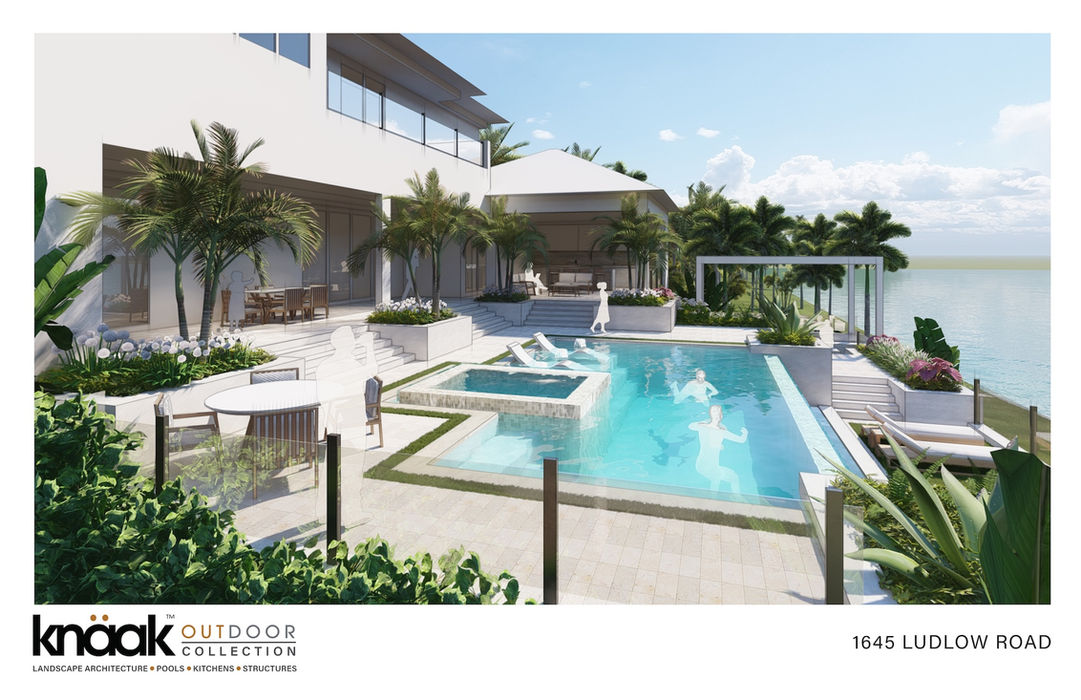 Landscape architecture plan showing custom pool, spa, and outdoor living design by Knaak Design Group