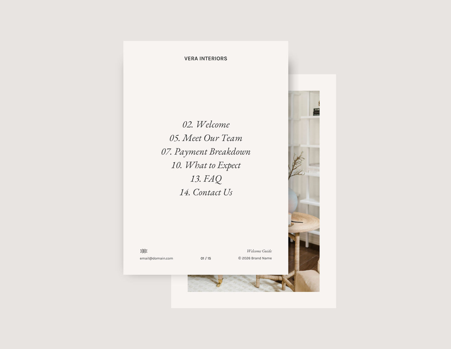 Vera Interiors design services brochure with listed content and detailed interior photo.