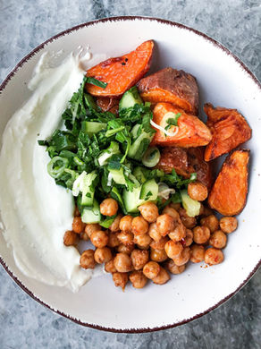 Harissa Chickpea & Honey Roasted Sweet Potato Bowl w/ Cucumber Herb Salad & Yogurt