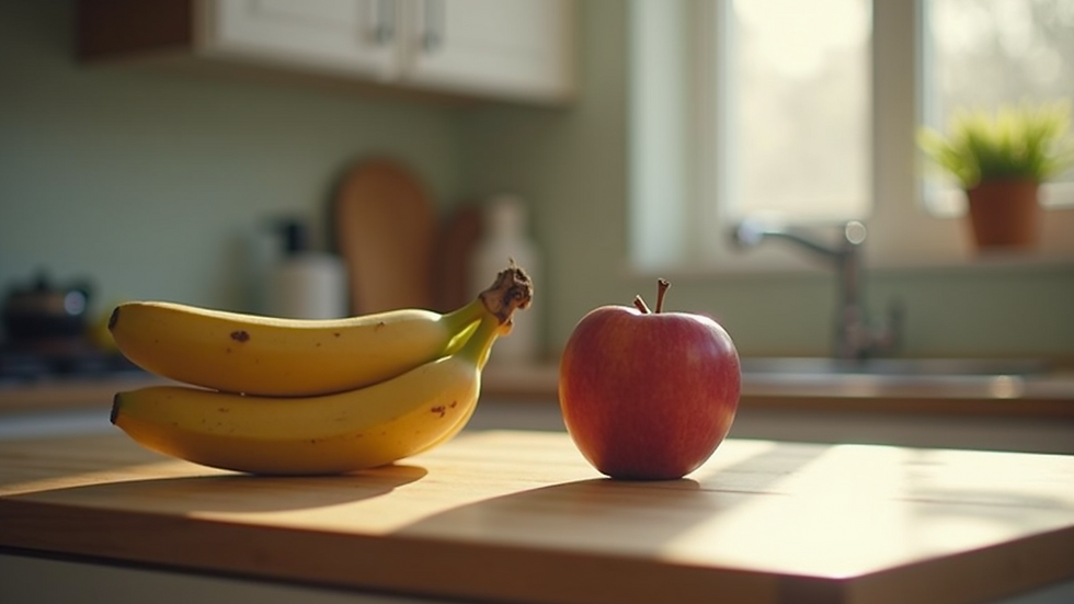 Ripe banana and an apple on a kitchen counter | Banamin Healthcare | Gluten Free Foods | Wheat Free Foods