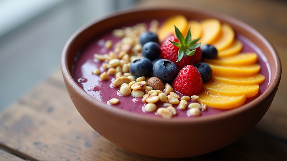 Colorful smoothie bowl topped with fresh fruits and nuts, made using green banana flour | Banamin Healthcare