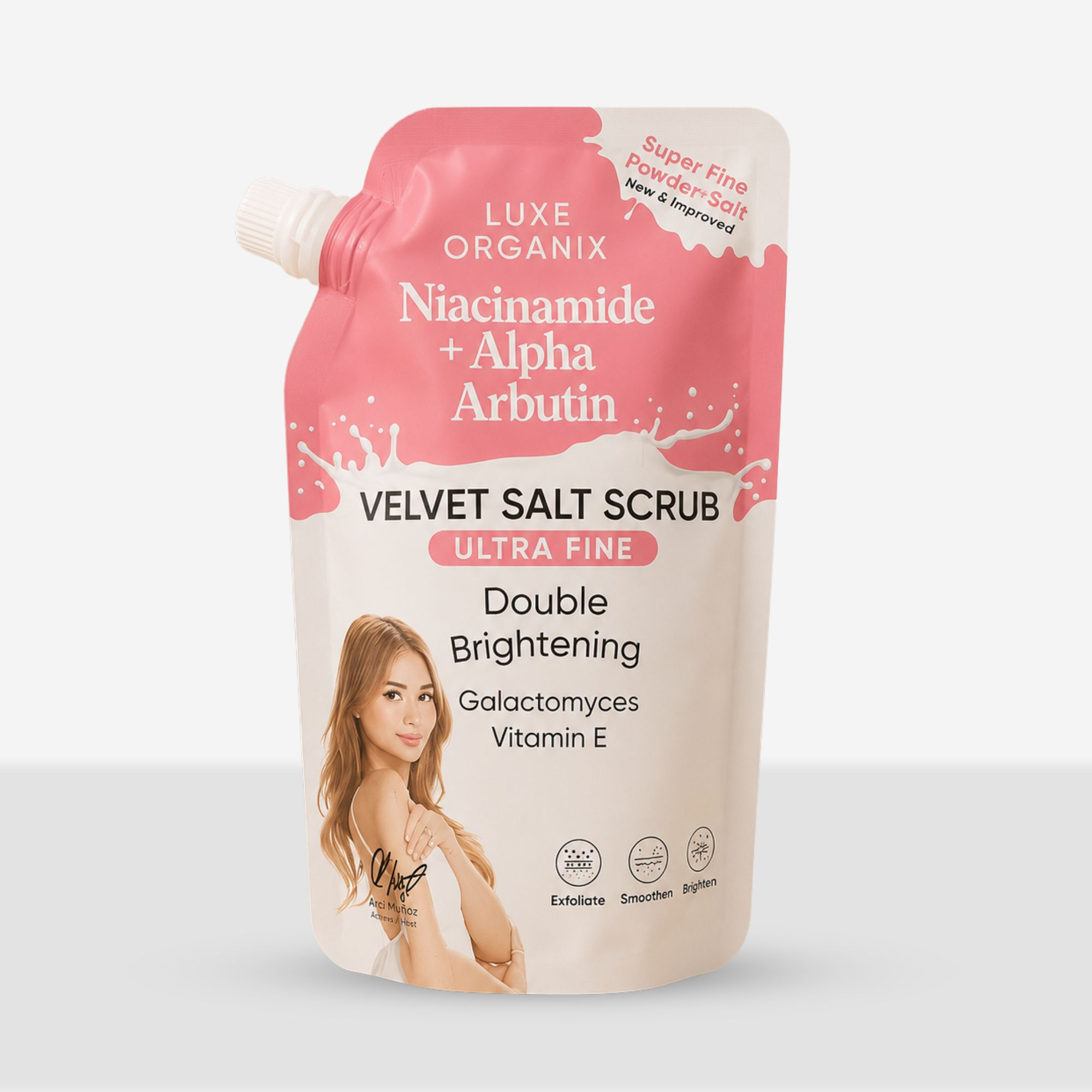 LUXE ORGANIX NIACINAMIDE + ALPHA ARBUTIN VELVET SALT SCRUB ULTRA FINE 300G