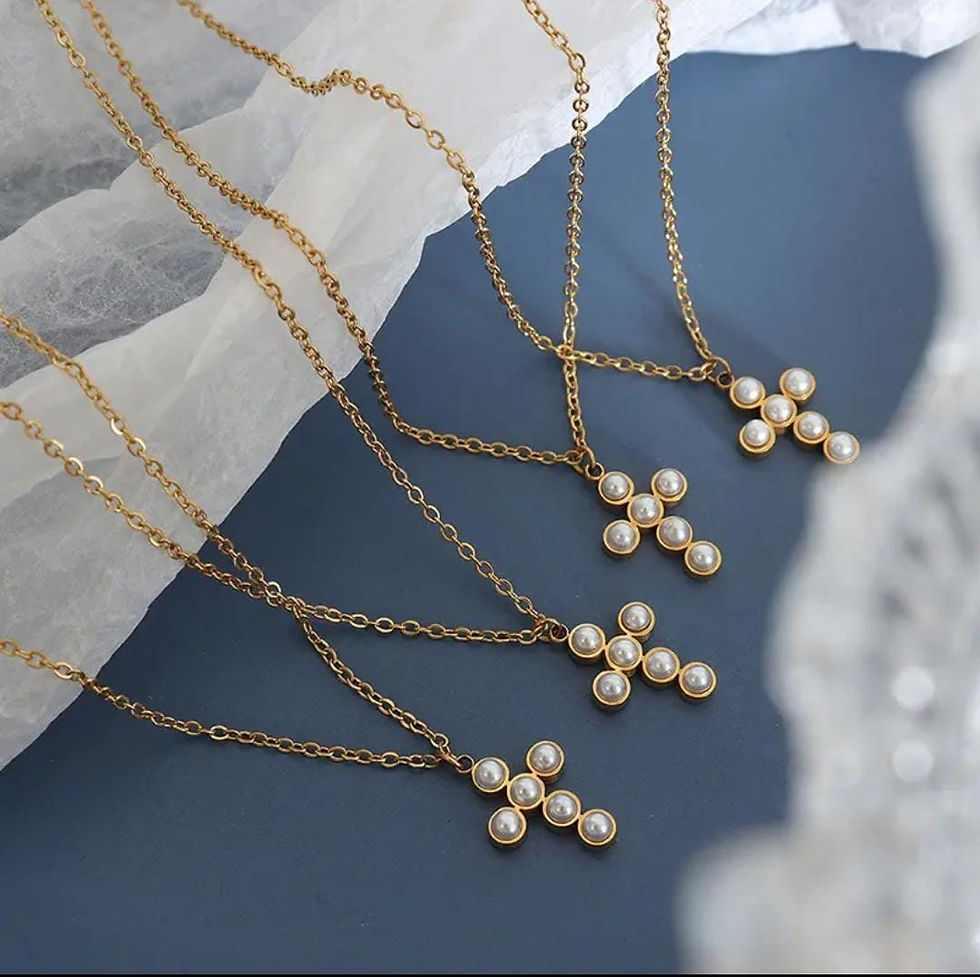 Thumbnail: Pearl Cross  Necklace - 18K Gold PVD Plating