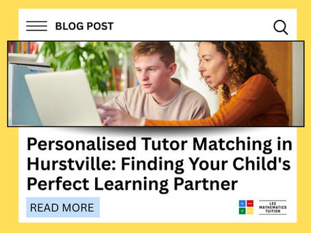 Tutor assists student on a laptop in a home setting. Text reads: Personalised Tutor Matching in Hurstville. Blog Post with Read More button.