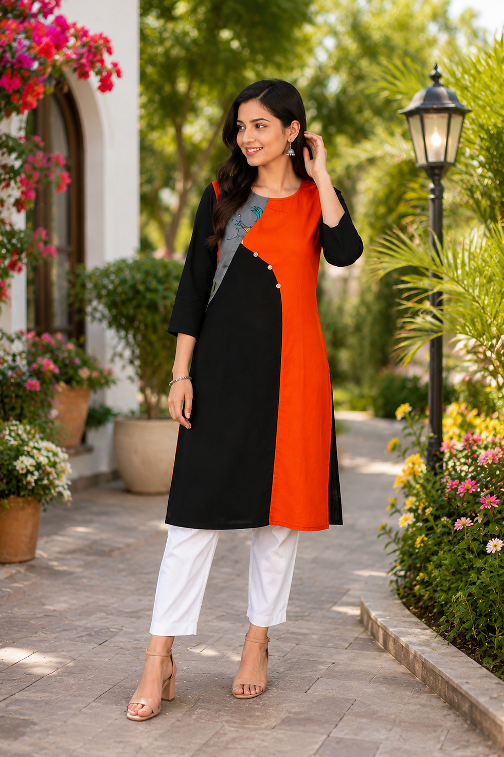 Thumbnail: Trendloom Black & Orange Fusion Kurti