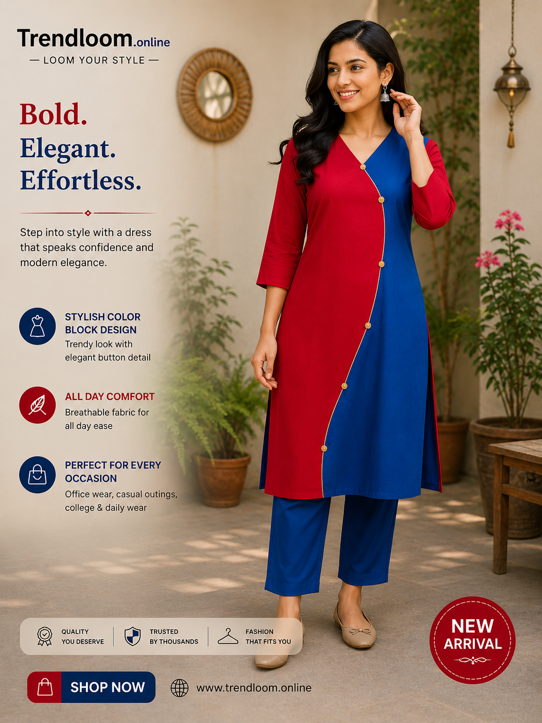 Radiant Duo Color Block Women's Kurti – Red & Royal Blue