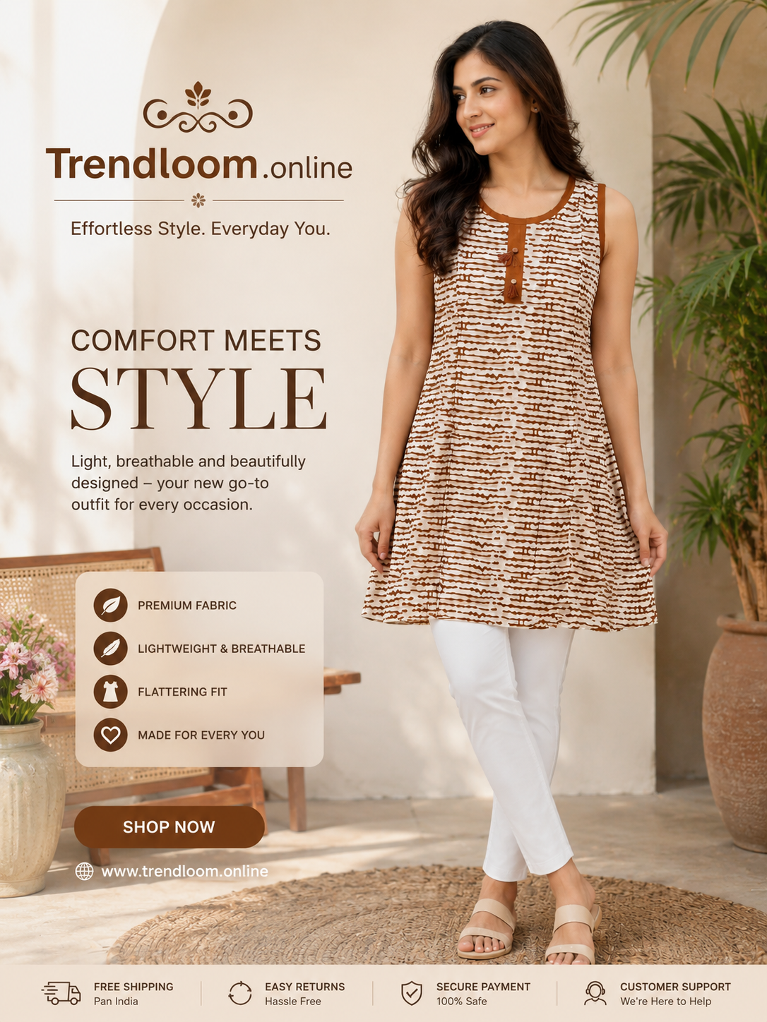 Trendloom Brown Stripe Sleeveless A-Line Kurti
