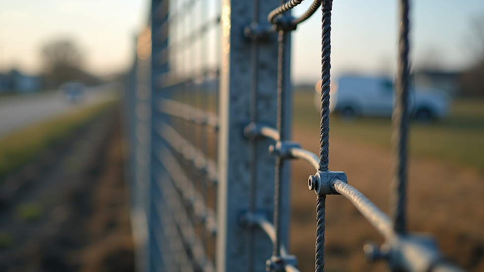 Close-up view of metal fence posts and panels ready for installation