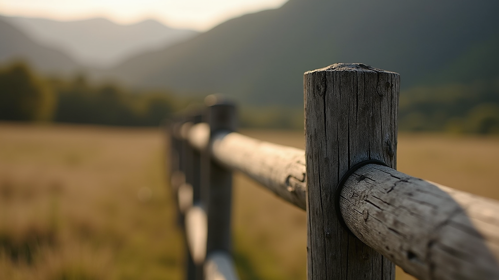 Close-up view of wooden ram fence post and rails with protective coating