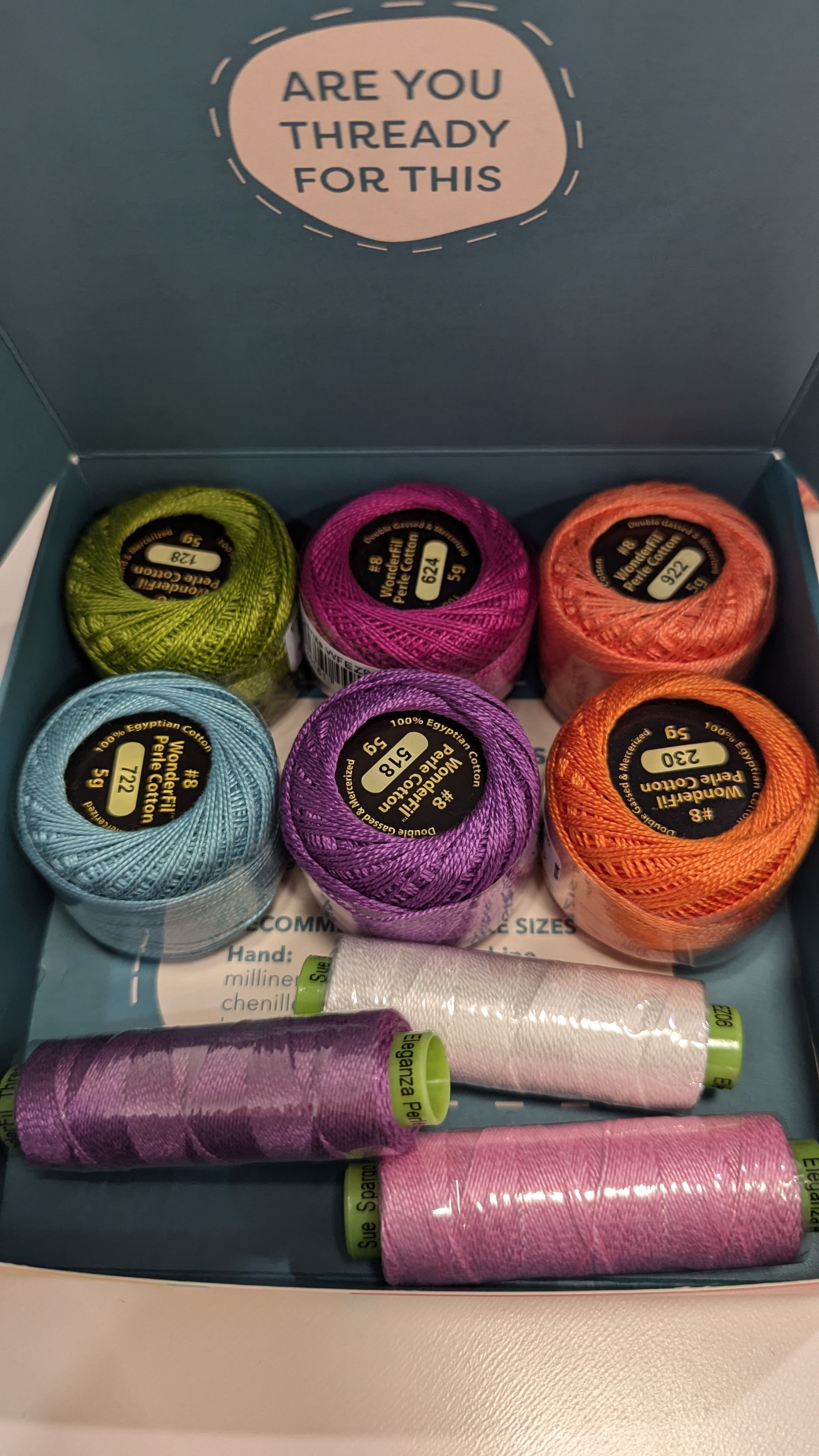 Wonderfil Eleganza Perle 8 cotton plain threads - Karen John's pick