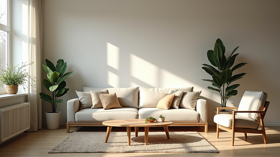 Eye-level view of a cozy living room featuring sustainable furniture and plants