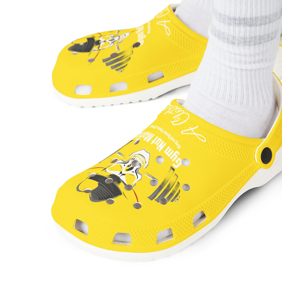 Thumbnail: Gym Nut Mafia Yellow EVA Foam Clogs — Humor Skull Weightlifting Slippers