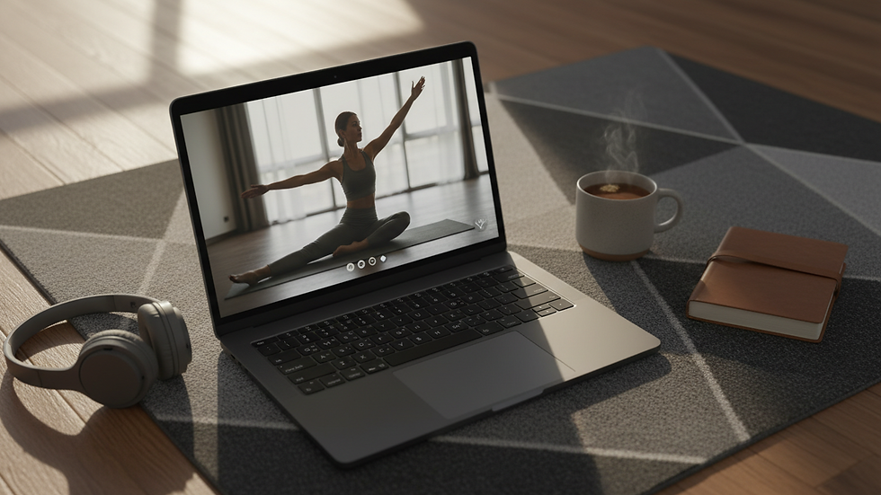 High angle view of a laptop showing a live workout session in progress