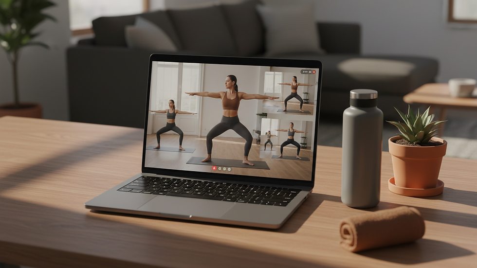 Eye-level view of a laptop showing a live fitness class in progress