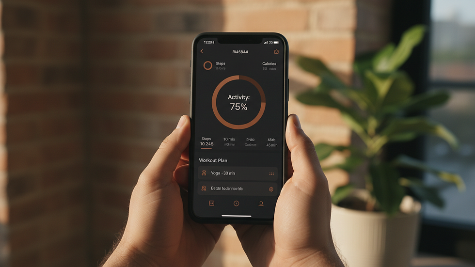 Close-up view of a smartphone displaying a fitness app dashboard