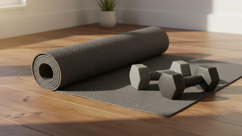 Close-up of a yoga mat and dumbbells on a wooden floor