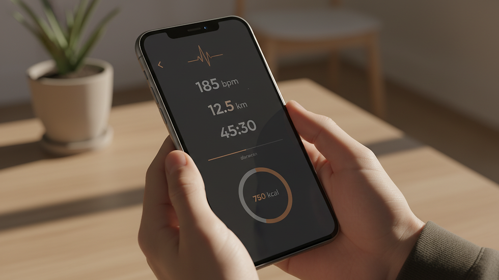 Close-up view of a smartphone displaying a fitness app with workout stats