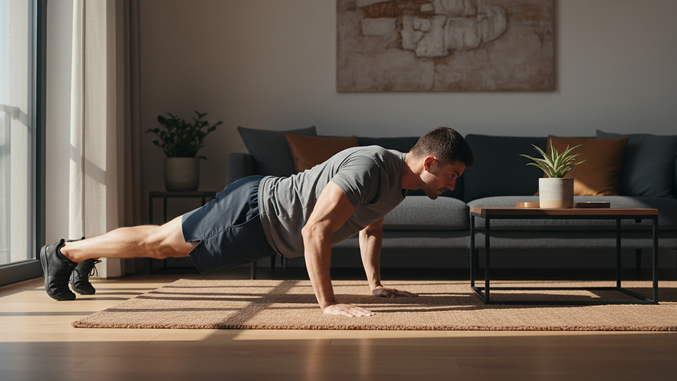 Eye-level view of a man doing push-ups in a living room