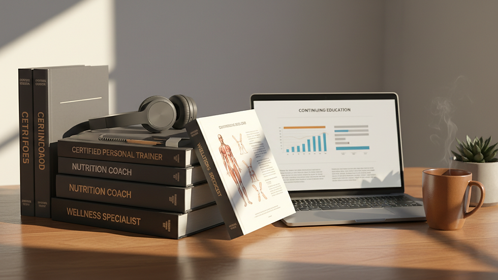Close-up view of fitness certification books and a laptop