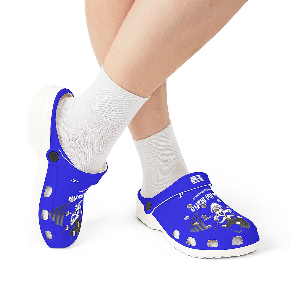 Thumbnail: Gym Nut Mafia EVA Foam Clogs — Blue Skull Fitness Slides