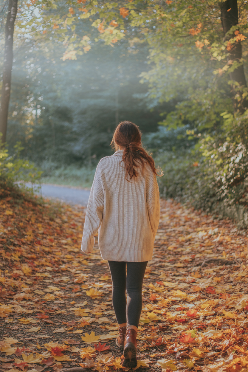 A woman walks along a forest path covered in colorful autumn leaves. She is wearing a cozy cream-colored sweater, dark leggings, and boots. Sunlight filters through the trees, highlighting the warm fall colors and creating a peaceful, reflective atmosphere.