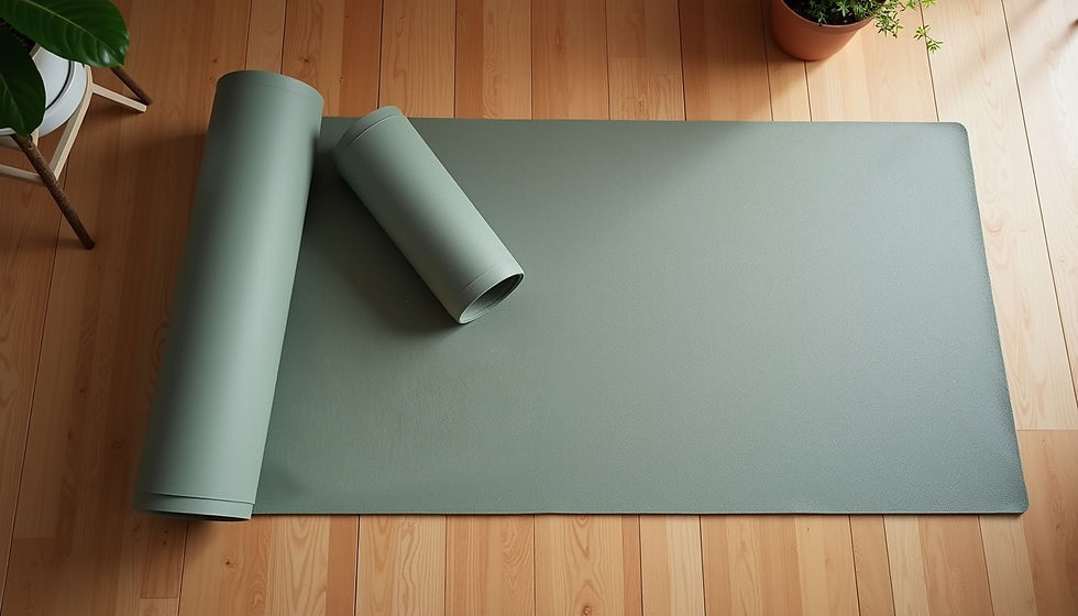 High angle view of a yoga mat and stretching props on wooden floor