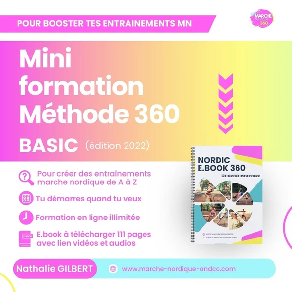 La Méthode 360 mini formation BASIC (édition 2022) est un outil complet et innovant pour progresser en marche nordique, que tu sois coach instructeur ou pratiquant autonome. Elle propose 6 modules interactifs et un guide pratique numérique, le Nordic E.Book 360, pour t’aider à construire facilement des séances d’entraînement variées, efficaces et adaptées à tes objectifs. Grâce à plus de 100 exercices techniques dans la boîte à outils du Module 3, tu pourras enrichir ta pratique ou ton enseignement. Des vidéos et audios t’accompagnent tout au long de la formation pour te guider pas à pas. La Méthode 360 te permet de gagner en autonomie, en créativité et en précision technique, que tu sois en club ou en solo. Elle est idéale pour structurer tes entraînements, renouveler ta pédagogie et développer tes compétences en marche nordique. Rejoins la communauté des marcheurs engagés et donne une nouvelle dimension à ta pratique avec la Méthode 360.