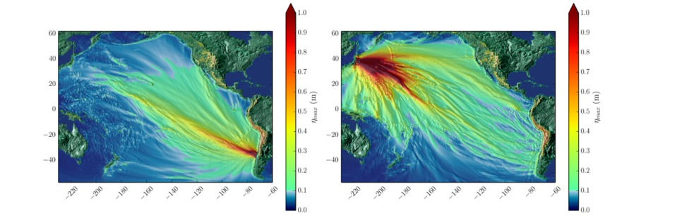 Propagaciones de tsunamis del 27F (panel izquierdo) y 11M (panel derecho). Los mapas de colores muestran la escala de intensidad en la superficie del Océano Pacífico. Fuente: Revista Planeo (2024).