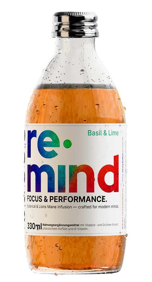 RYN Focus & Performance. Funktionelles Getränk in 330-ml-Glasflasche, Sorte Basilikum & Limette, mit pflanzlichem Koffein und Lion’s Mane.