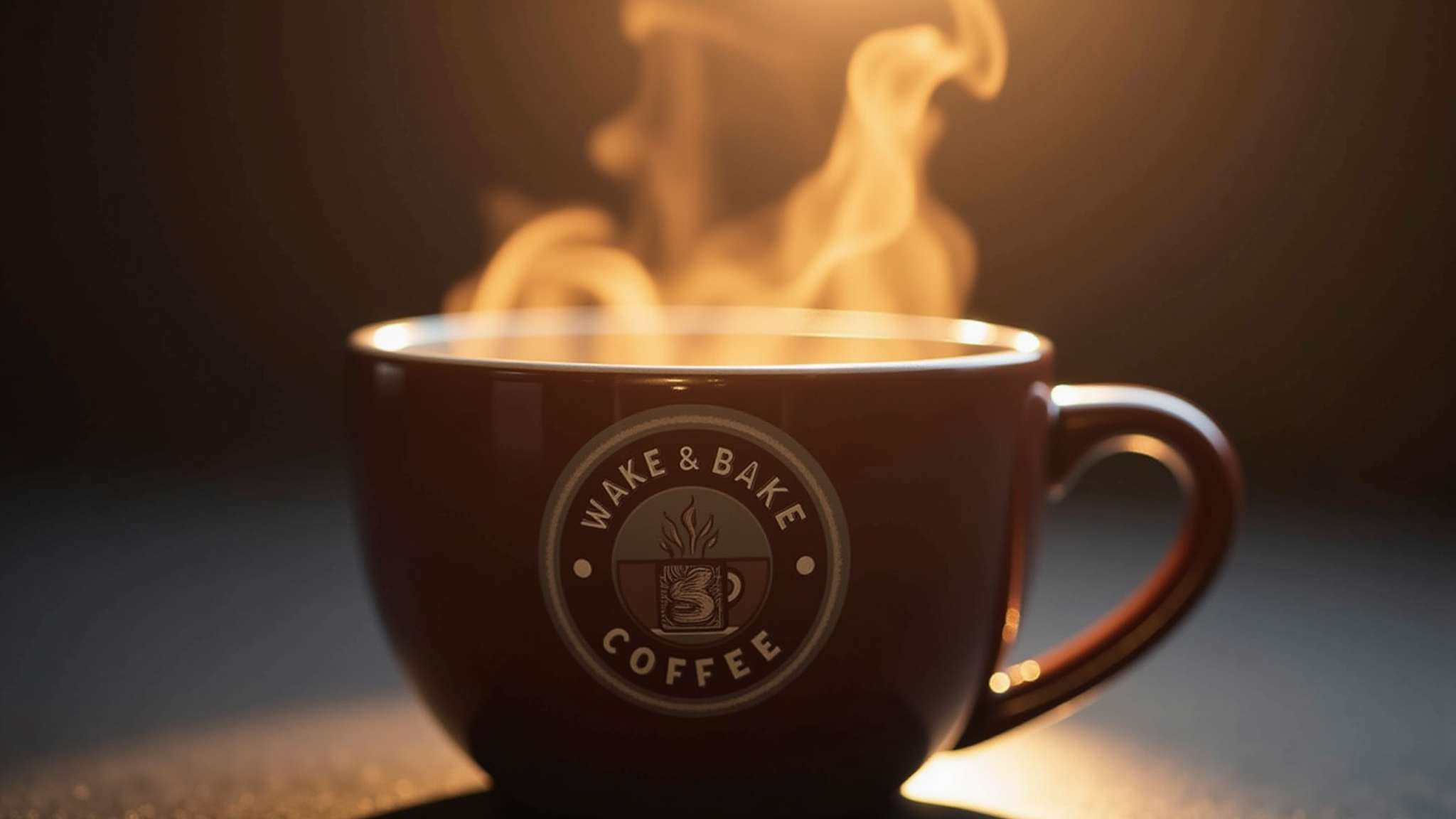 Steaming coffee cup with "WAKE & BAKE COFFEE" logo, high quality coffee beans, Wake & Bake Lifestyle