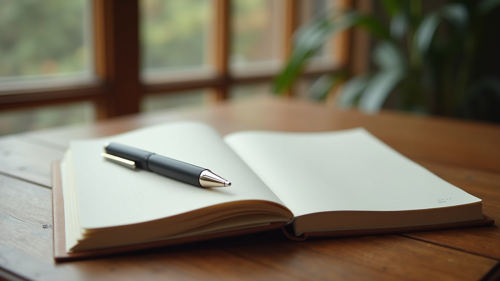 Close-up view of a mindfulness journal and pen on a wooden table