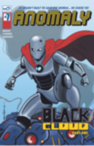 Superhero robot Anomaly standing triumphant over defeated security drones