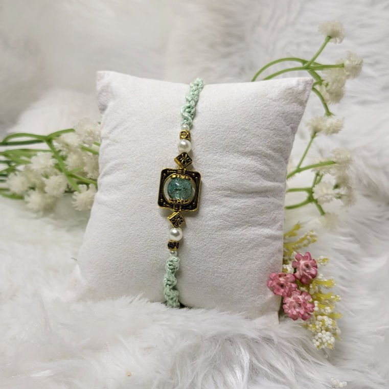 Thumbnail: Light Pink Pearl in Square Frame Macrame Rakhi