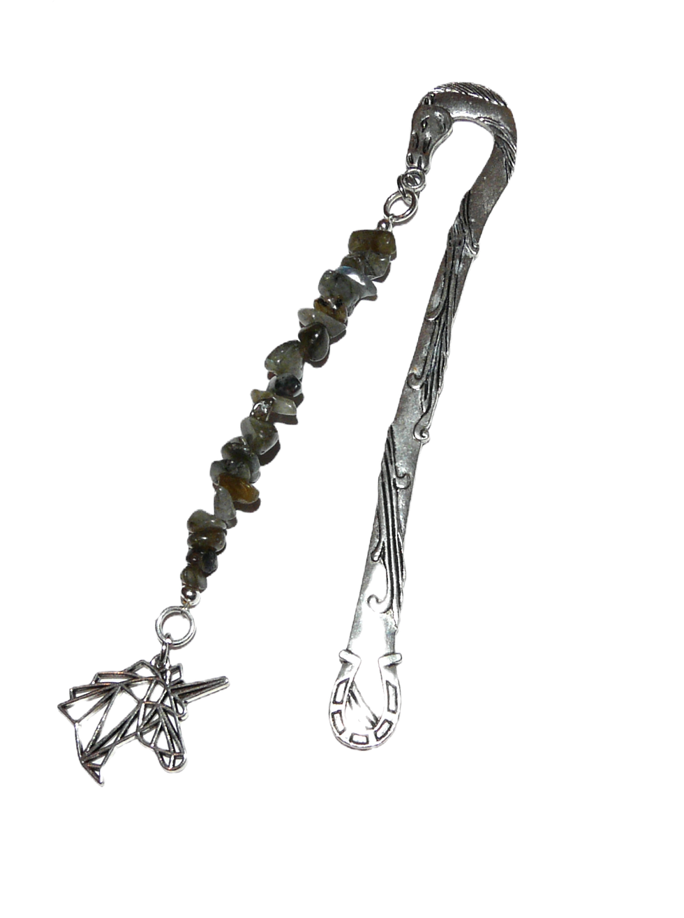 Labradorite grey crystal dangly bookmark with unicorn's head charm