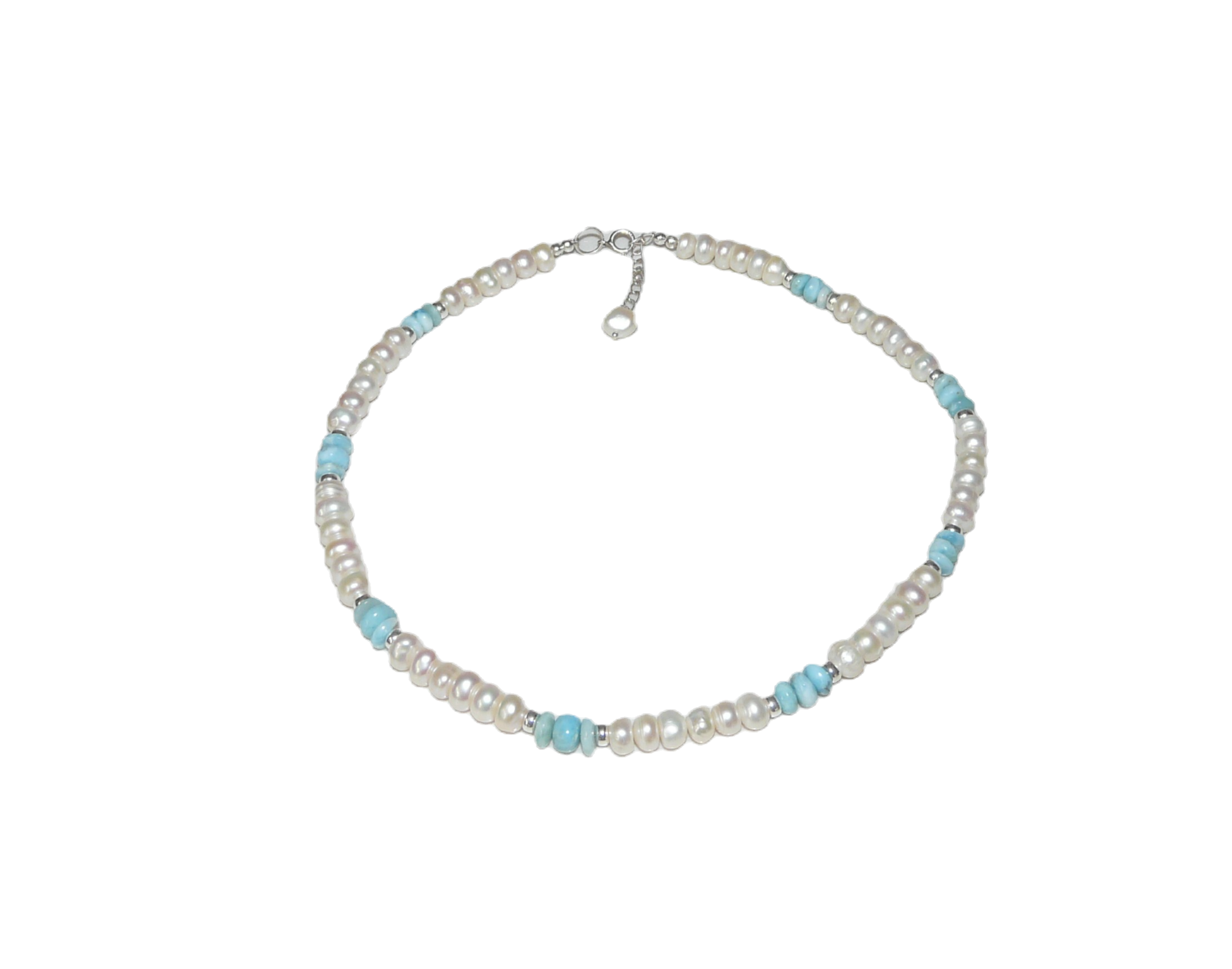 Natural Freshwater Pearl and Larimar Necklace in Sterling Silver