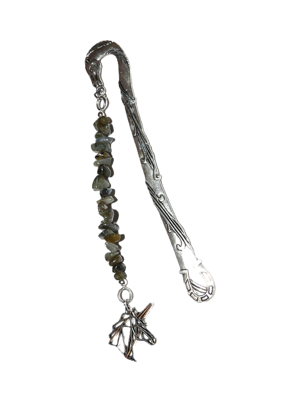 Labradorite grey crystal dangly bookmark with unicorn's head charm