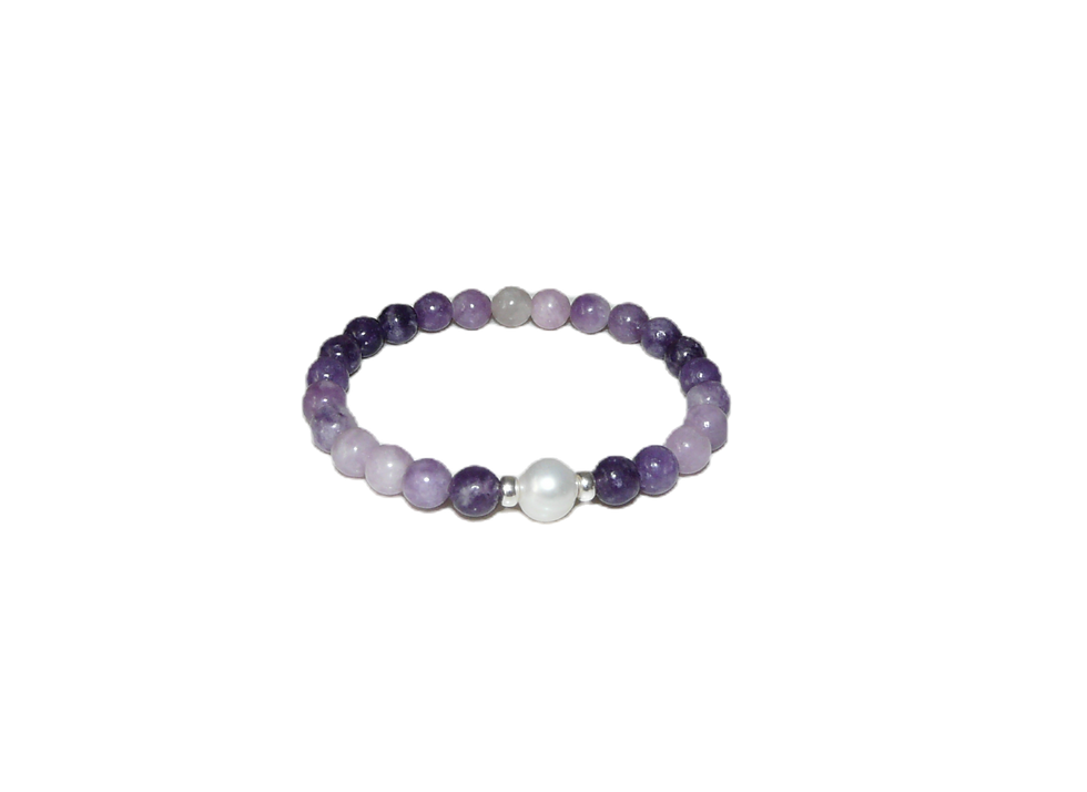 Purple lepidolite and pearl beaded bracelet