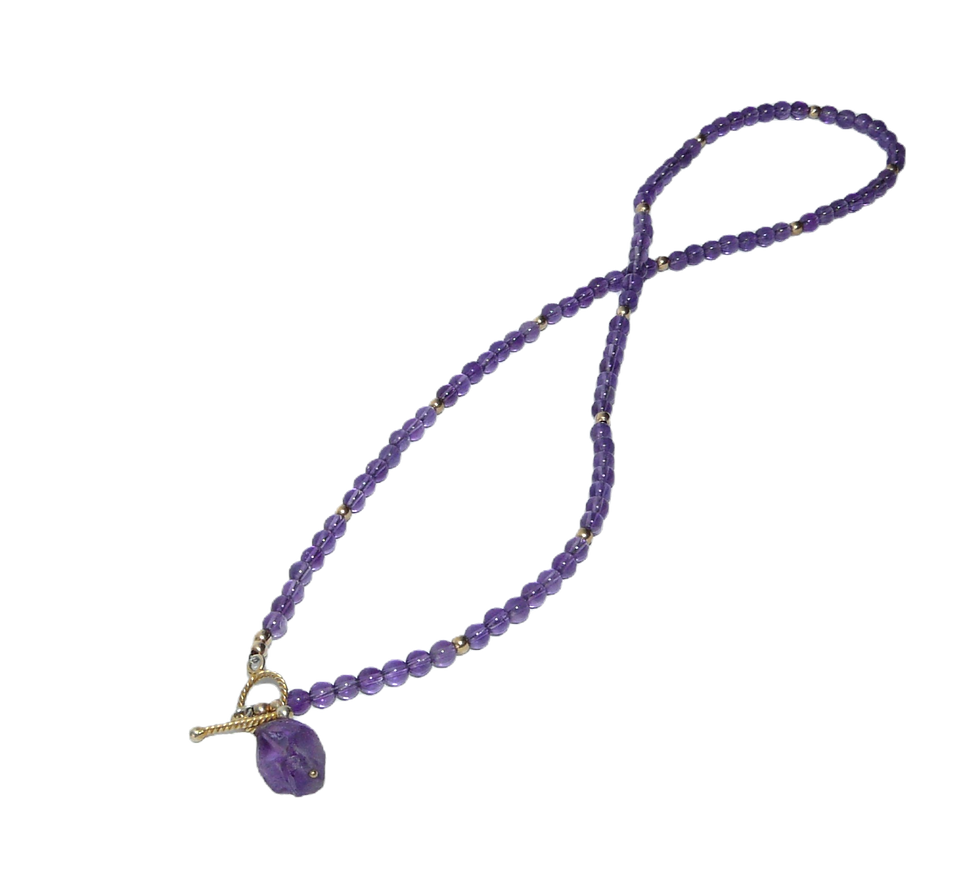 Back to front beaded amethyst and gold necklace with big raw amethyst pendant