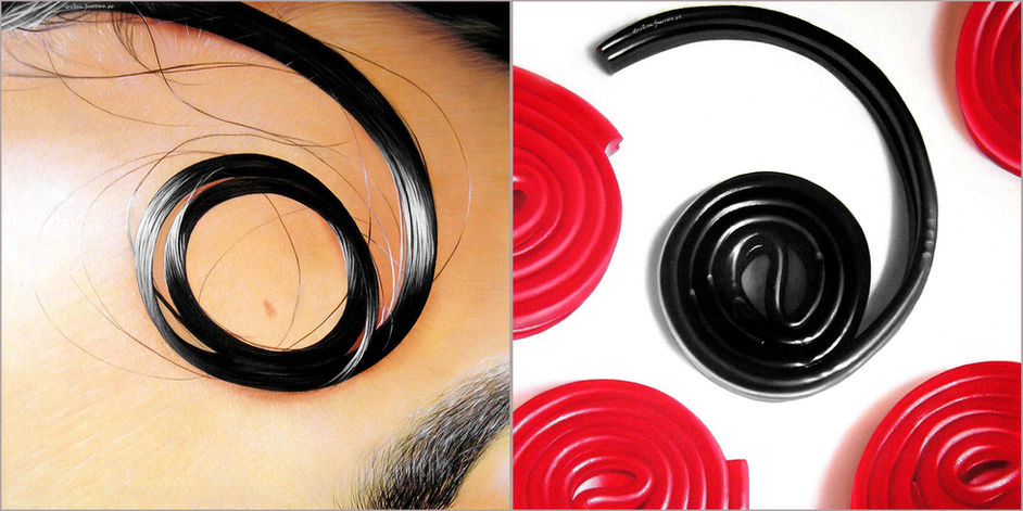 Tight spiral hair curl beside black licorice roll with red candy.
