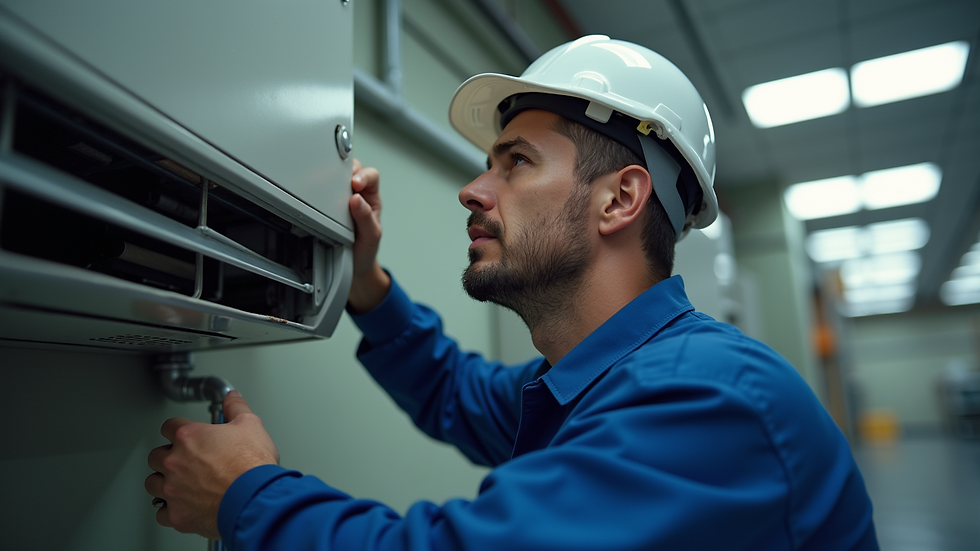 High angle view of a technician inspecting an air conditioning unit