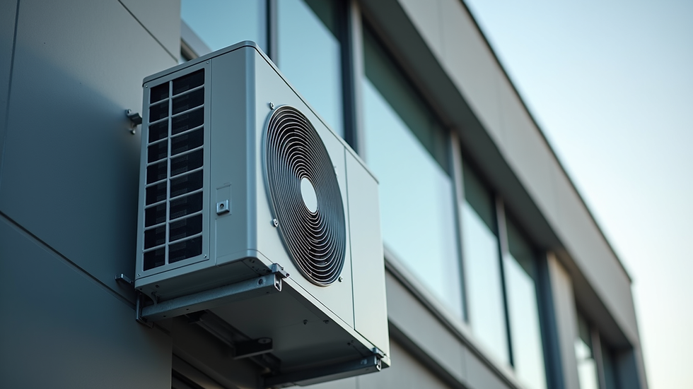Close-up view of a modern air conditioning unit installed on a commercial building