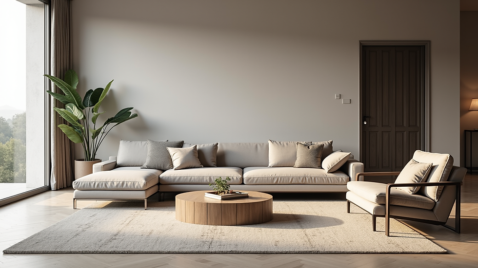 Vista a nivel de un moderno salón con muebles personalizados y decoración minimalista