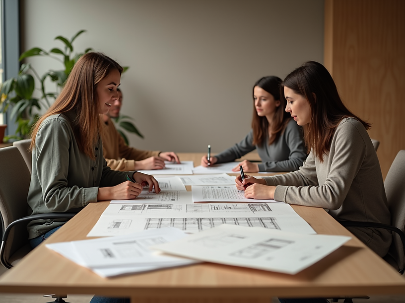 Architectural-design-studio-meeting-table-with-blueprints-and-samples-showcasing-collabora