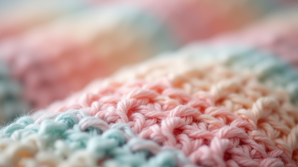 Close-up view of a soft crochet baby blanket in pastel colors